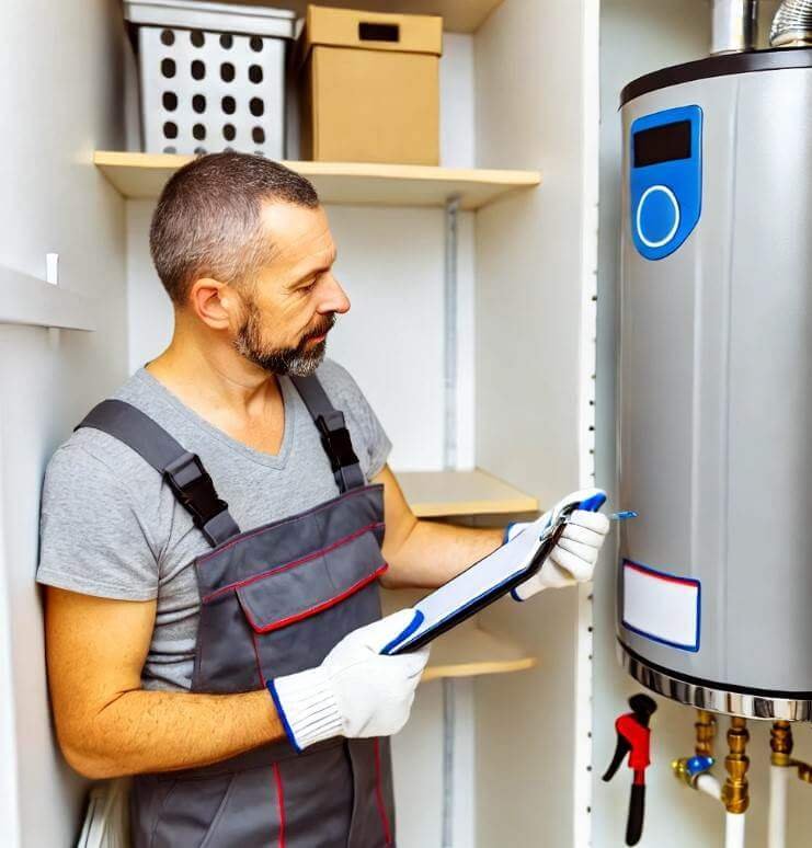 A Sound plumber reviewing a water heater