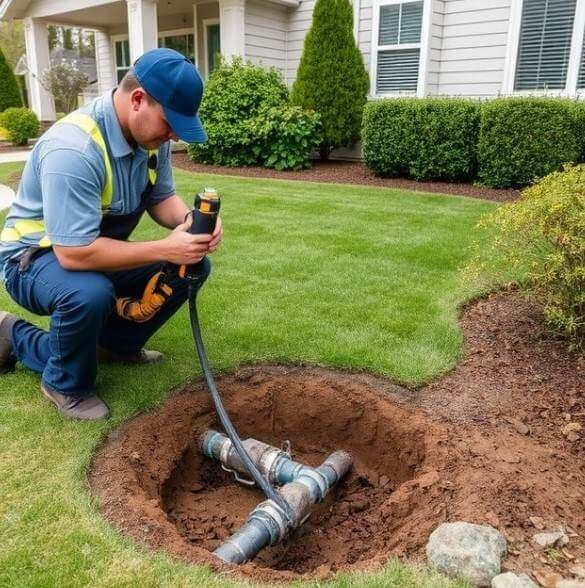 main-water-line-solutions-sound-plumbing-and-drain A plumber digging a hole to access the main water line in a yard.