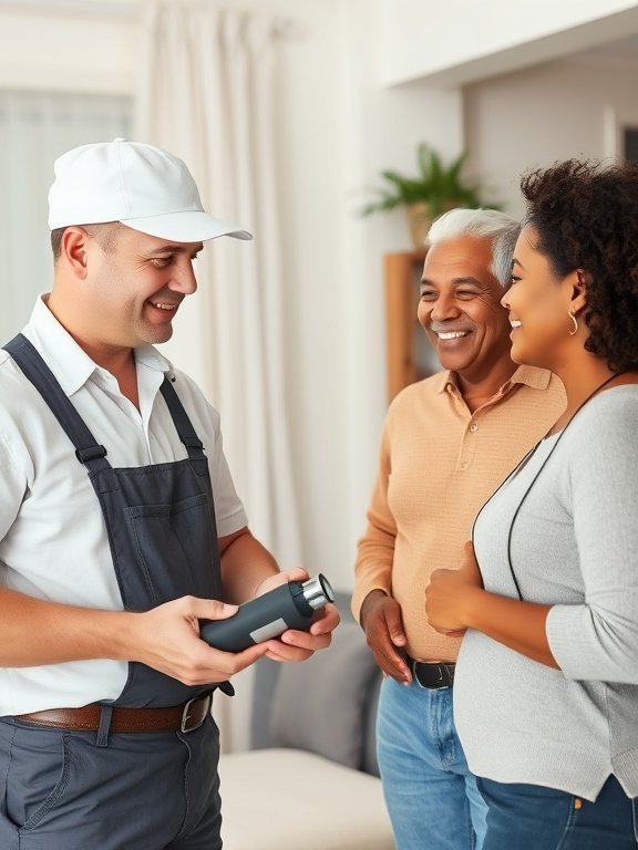Plumber chatting to happy customers.