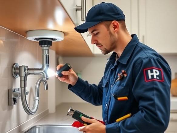 Plumber inspecting a kitchen leak.