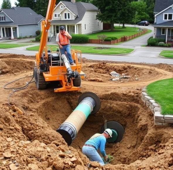 Trenchless boring service being conducted in garden.