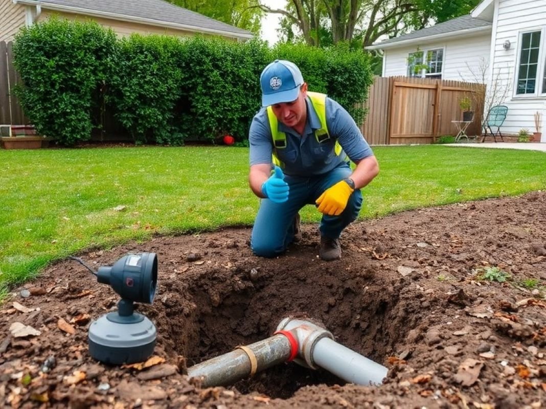 Plumber inspecting a sewer line in a garden