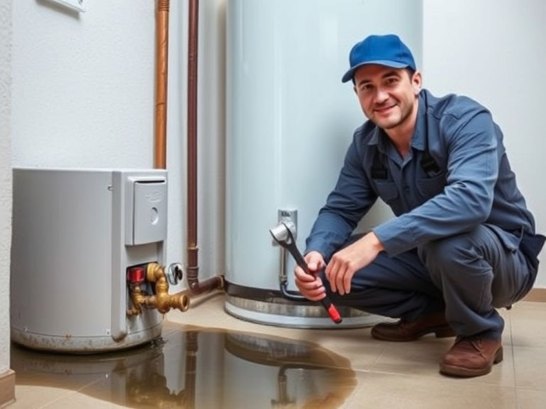 Man fixing a water heater leak with his plumbing tools.