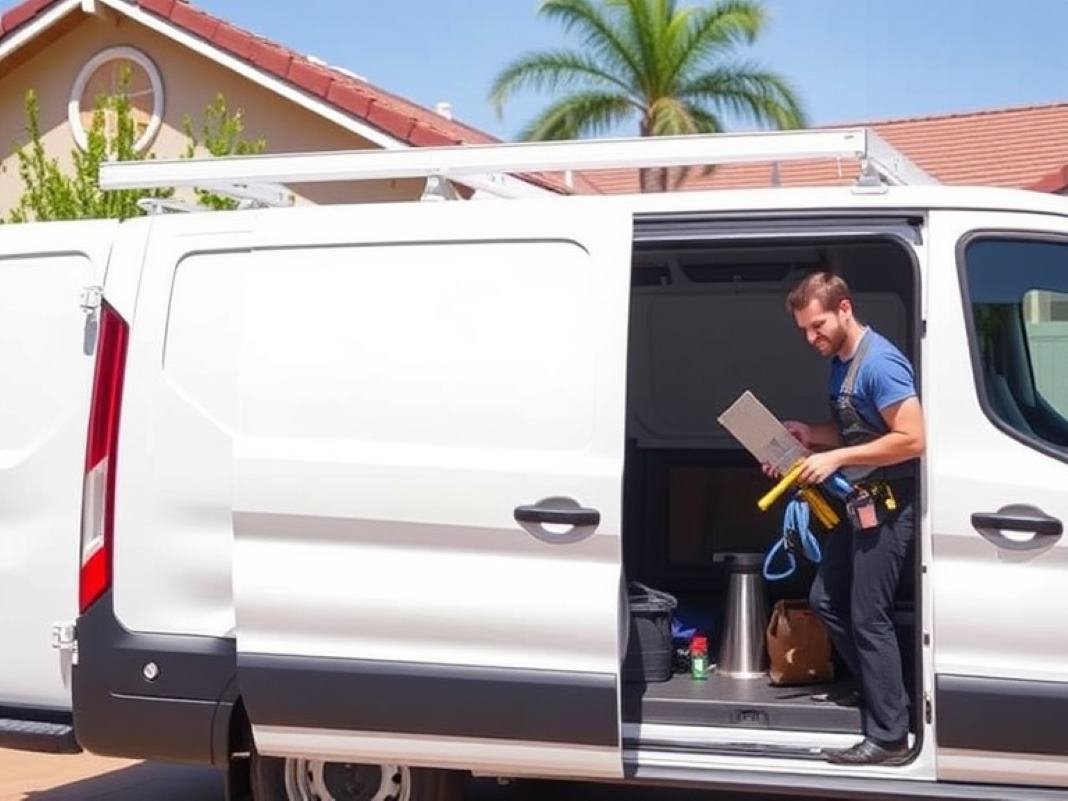 Plumber unloading tools from work van in USA.
