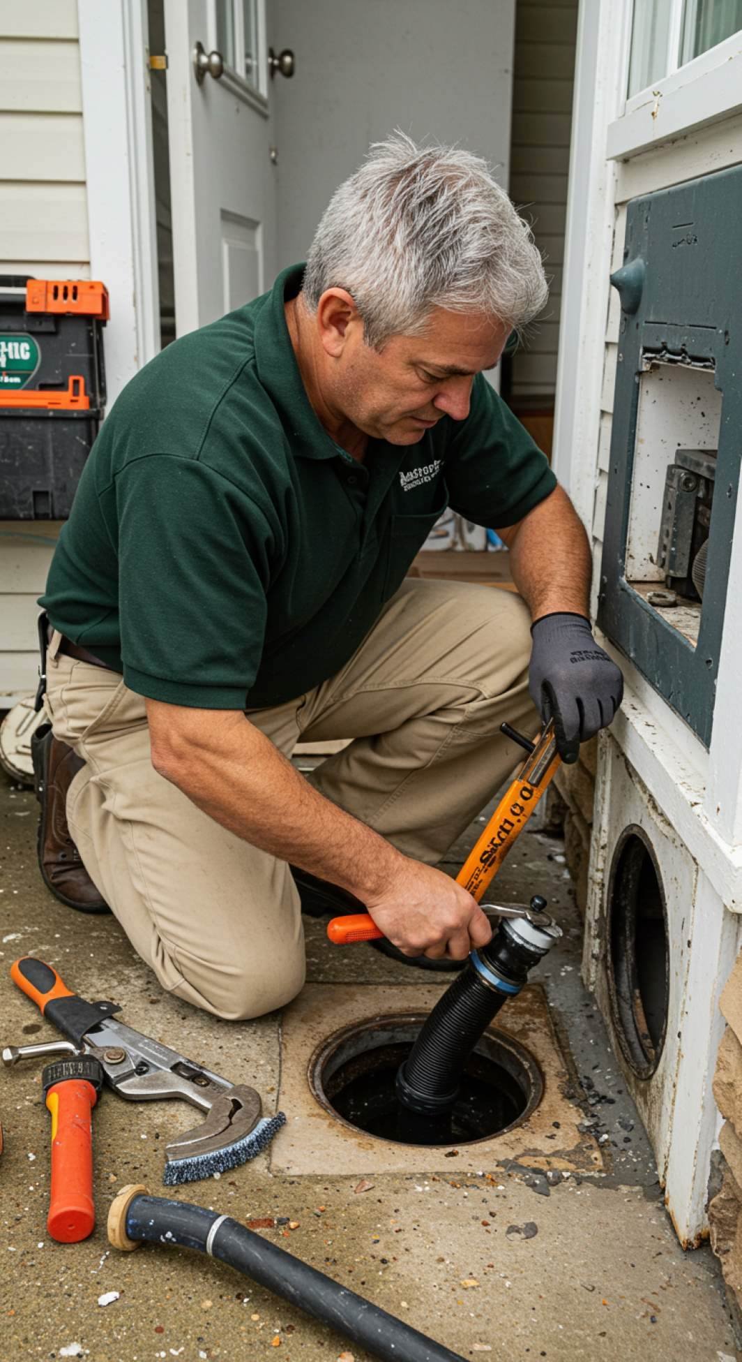 Unclogging drain by plumber